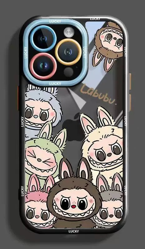 Labubu Plush-Charm Strap Phone Case – Pink & BrownLabubu Phone Case for iPhone 15 Pro Max & 16 Pro Max – Full-Coverage Lens Guard & Tsum Bunny Collage